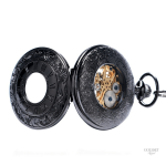 Ancienne montre à gousset noire avec mécanisme visible